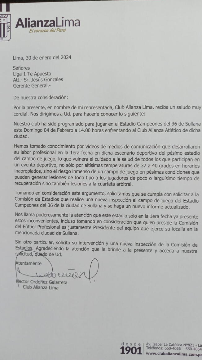 Alianza Lima pide una nueva inspeccin de la cancha del Estadio Campeones del 36 de Sullana 