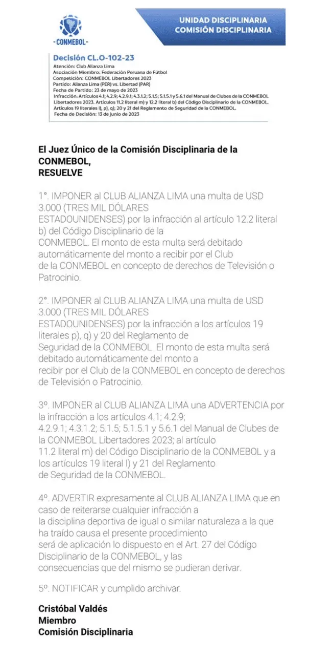 Multa e advertência ao Club Nacional de Football - CONMEBOL