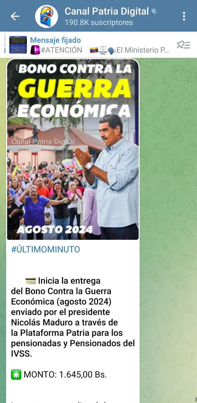 El régimen de Nicolás Maduro activó la última entrega de los depósitos del Bono de Guerra Económica correspondiente a este mes. Imagen: Canal Patria Digital.   