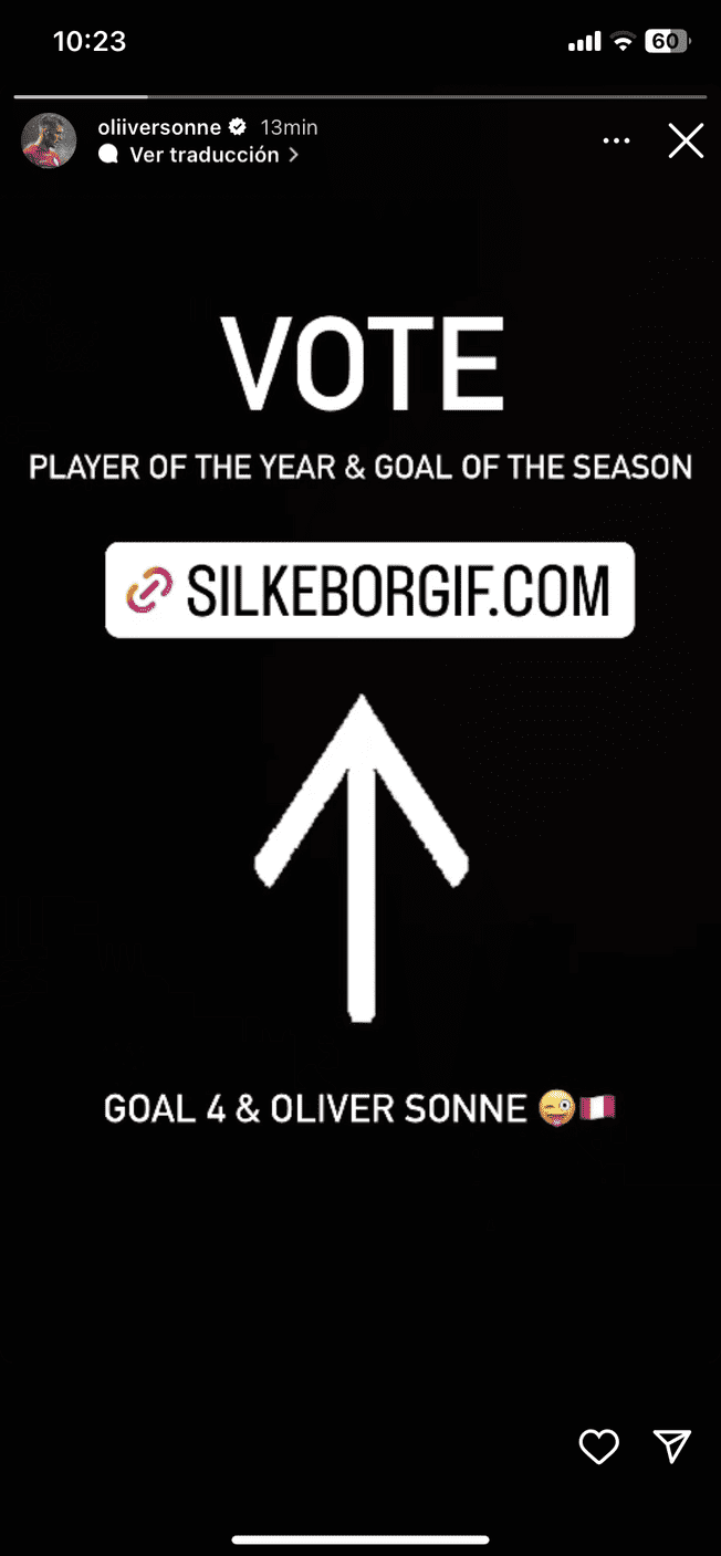 Sonne pide a hinchas peruanos votar por él en premiación de Silkeborg. Foto: Instagram   