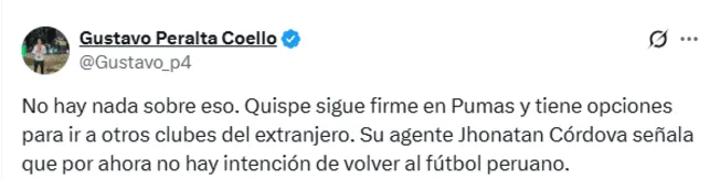 Gustavo Peralta informó la situación de Piero Quispe en Pumas UNAM.   
