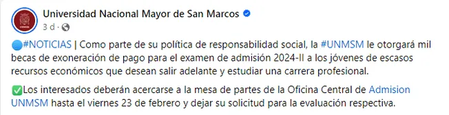 Anuncio de la Universidad Nacional Mayor de San Marcos para el proceso de admisión 2014-II. Foto: Facebook.   
