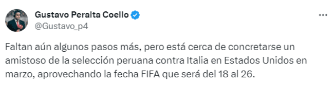 Perú está cerca de concretar amistoso contra Italia. Foto: X - Gustavo Peralta.   