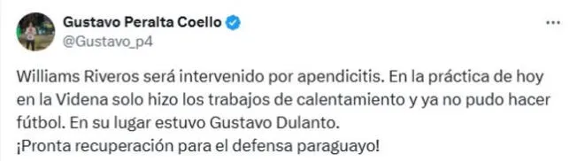 Williams Riveros se perderá el partido de Universitario ante Los Chankas por sufrir una apendicitis. Foto: X - Gustavo Peralta   
