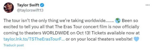 A través de sus redes sociales, Taylor Swift anunció que la cinta de su tour se estrenará en todo el mundo. Foto: Twitter   
