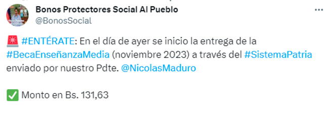  El Bono Beca Enseñanza Media se paga desde el lunes 13 de noviembre.    