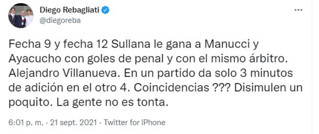 Mensaje de Diego Rebagliati en redes sociales.   
