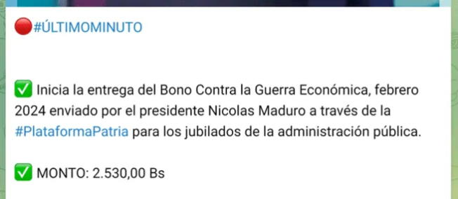 Nuevo Bono Patria de 2.530 bs en Venezuela. | Foto: Telegram   