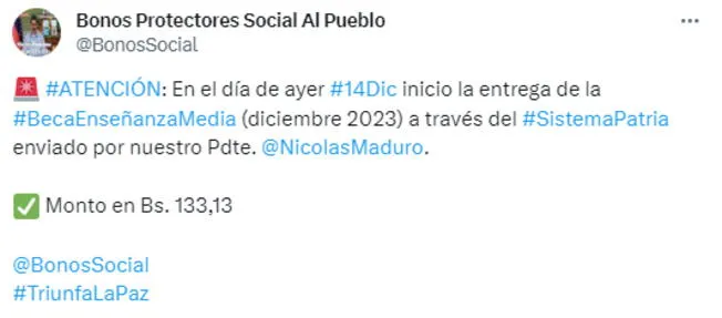  El Bono Beca Enseñanza Media se empezó a pagar desde el 14 de diciembre.    