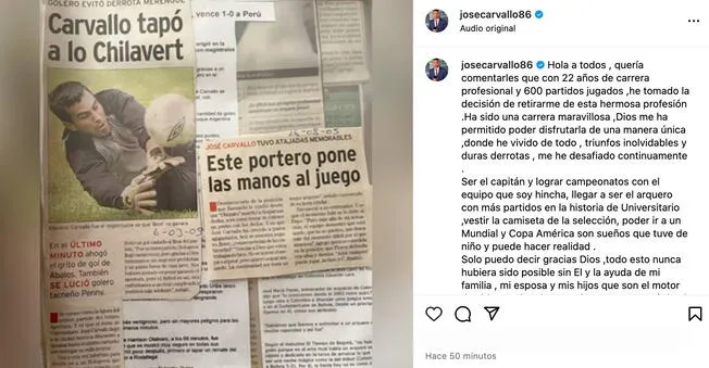 José Carvallo anunció su retiro del fútbol profesional/Foto: Instagram   