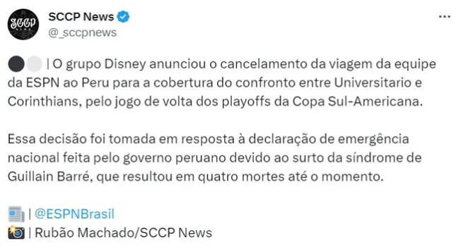 ESPN no viajará a Perú para cubrir el Universitario vs Corinthians.   
