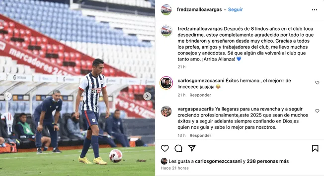 Fred Zamalloa se despidió de Alianza Lima tras 8 temporadas/Foto: Instagram Fred Zamalloa se despidió de Alianza Lima tras 8 temporadas/Foto: Instagram