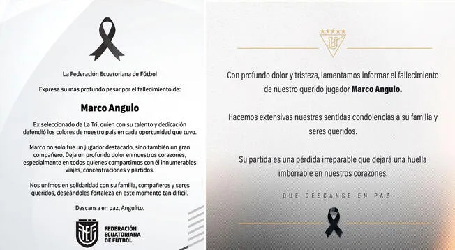 Comunicado de la FEF y Liga de Quito tras fallecimiento de Marco Angulo.   