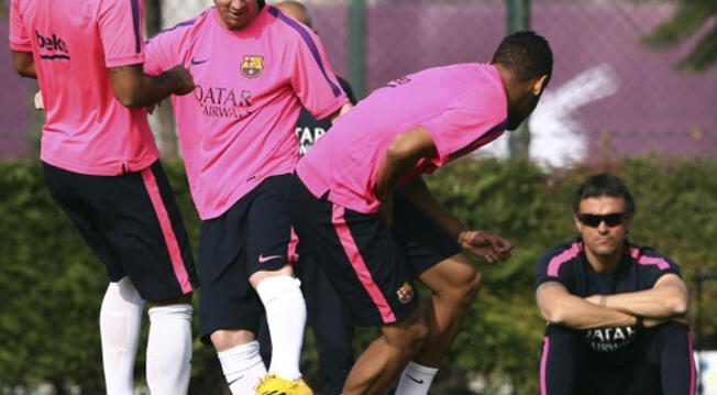 Lionel Messi y Luis Enrique Martínez en un entrenamiento del Barcelona.