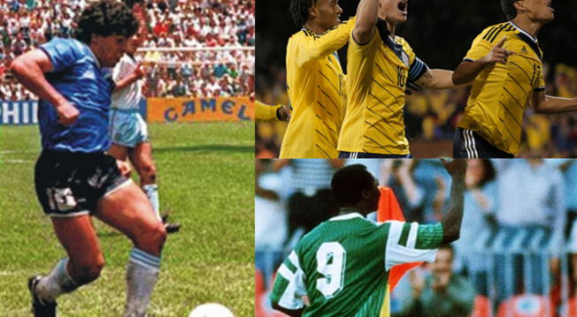 Fútbol Mundial: las memorables celebraciones de Diego Maradona, Roger Milla, James Rodríguez y Juan Vargas.