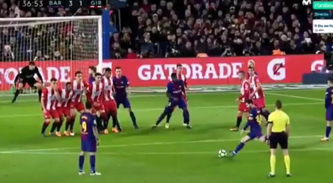 Lionel Messi ejecuta su magistral tiro libre ante el Girona.