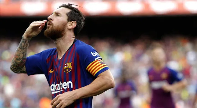 Messi celebrando uno de sus goles con el Barcelona en La Liga.