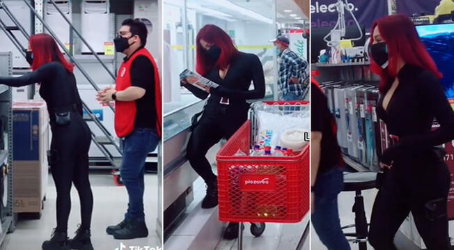 Mujer se disfraza de la Viuda Negra para ir a supermercado y causa furor en redes
