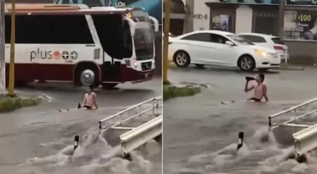 Ciudadano de Culiacán se vuelve viral por enfrentar inundación con botella en mano
