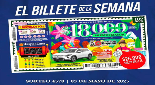 Lotería de Boyacá HOY, 3 de mayo 2025: resultados EN VIVO del premio mayor de $18.000 MILLONES Lotería de Boyacá HOY, 3 de mayo 2025: resultados EN VIVO del premio mayor de $18.000 MILLONES