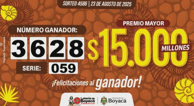 ÚLTIMO RESULTADO Lotería de Boyacá del sábado 23 de agosto: números ganadores del sorteo 4586 ÚLTIMO RESULTADO Lotería de Boyacá del sábado 23 de agosto: números ganadores del sorteo 4586
