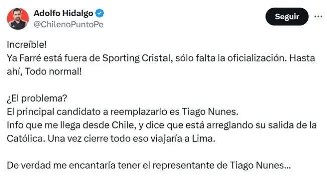Periodista chileno informó futuro de Guillermo Farré y Tiago Nunes.   