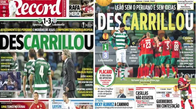 André Carrillo: prensa de Portugal critica al técnico del Sporting Lisboa por no convocarlo.