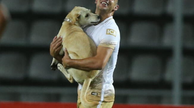 Gerardo Alcoba se lleva cargado al perro para entregárselo al cuarto árbitro.