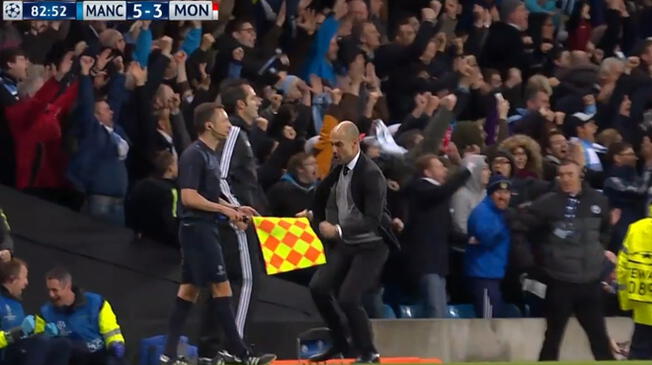 En el Manchester City vs. Mónaco, Pep Guardiola celebró eurfóricamente tras el gol de Sané.