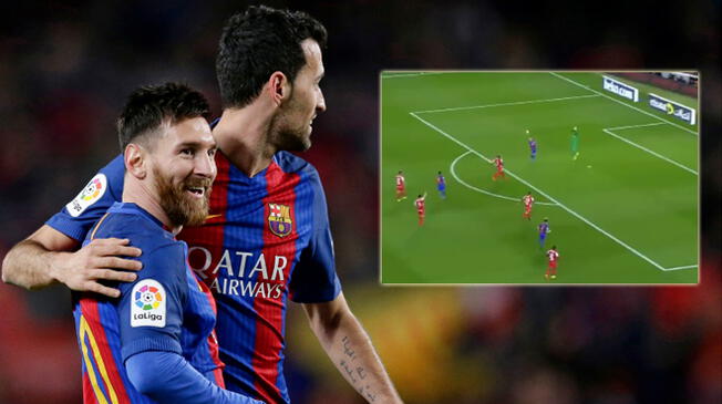 Lionel Messi celebra su gol al Sporting Gijón con Sergio Busquets.