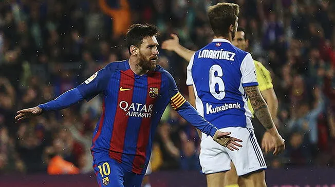 Lionel Messi celebra uno de sus goles a la Real Sociedad.