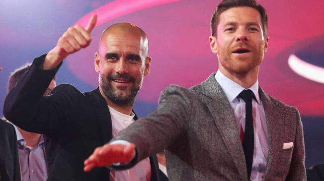 Pep Guardiola y Xabi Alonso durante las celebraciones de un título del Bayern Múnich.