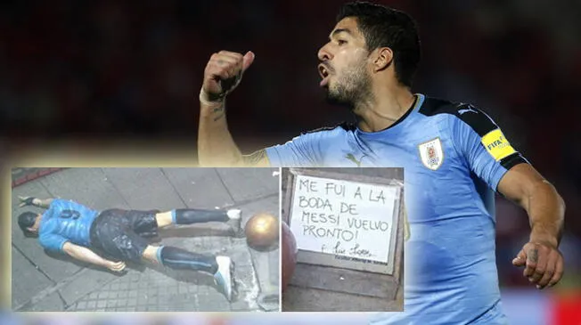 Estatua de Luis Suárez fue derribada y apareció con un curioso mensaje: "Me fui a la boda de Messi" |foto: Twitter