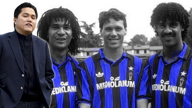 Erick Thohir y el trío holandés del Milan, confundidos como jugadores del Inter.