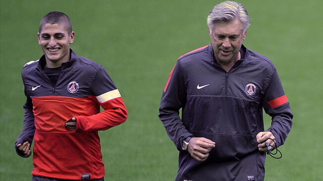 Marco Verratti y Carlo Ancelotti durante un entrenamiento del PSG.