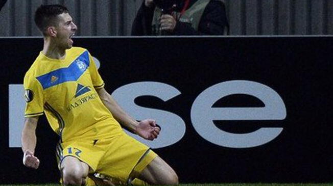 Alexei Ríos celebra el gol del triunfo del BATE Borisov ante el Colonia.