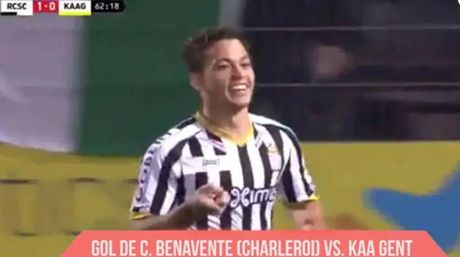 Cristian Benavente celebra su segundo gol con el Sporting Charleroi ante el KAA Gent.