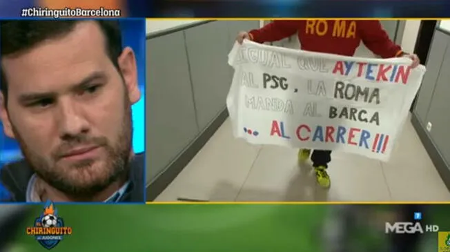 Alfredo Duro llevó una banderola con las letras de la canción que se mofa del Barcelona. Foto: Chiringuito / Captura / YouTube