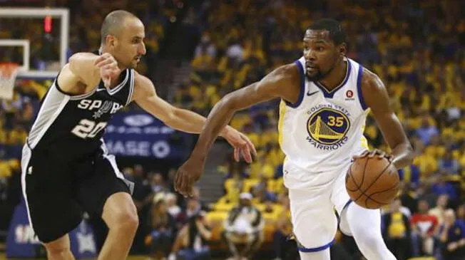 Manu Ginóbili (San Antonio Spurs) y Kevin Durant (Golden State Warriors) volverán a verse las caras por los Playoffs de la NBA. Foto: AP