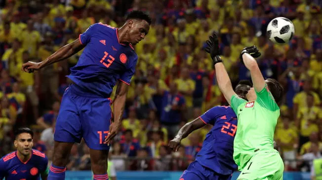 Yerry Mina anotó el 1-0 de Colombia tras un gran centro de James Rodríguez. Foto: Captura