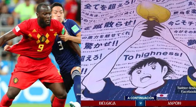 Oliver Atom y los personajes de "Los Supercampeones" se lucieron en la tribuna en el Bélgica vs Japón.