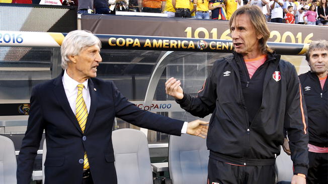 Ricardo Gareca y José Néstor Pékerman en la Copa América Centenario del 2016. 