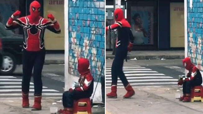 Viral: Padre e hijo se ganan la vida vestidos de Spiderman en las calles de Lima