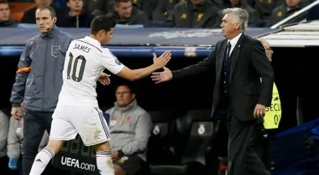 James Rodríguez y Carlo Ancelotti en el Real Madrid.