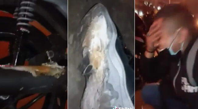 Joven se hace viral por perder la suela de su zapatilla en el tubo de escape de una moto