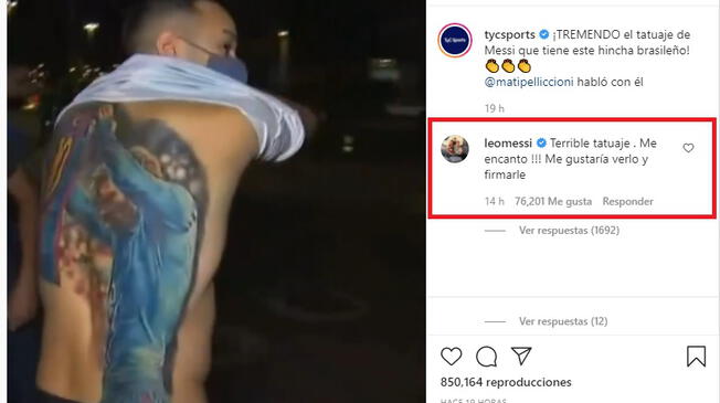 Lionel Messi pidió conocer al hincha brasileño que se tatuó su imagen. Foto: captura/TyC Sports