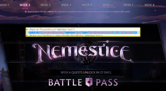 Misiones semanales del Battle Pass Nemestice de Dota 2 filtradas.