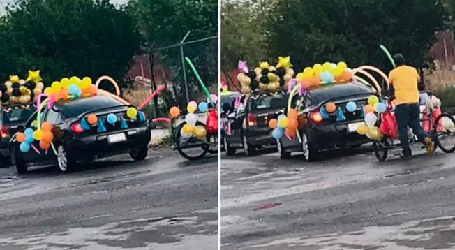Padre adorna triciclo y va con su hijo a caravana escolar: Padre adorna triciclo y va con su hijo a caravana escolar: