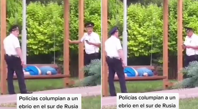 Policías rusos columpian a un ciudadano ebrio en un parque