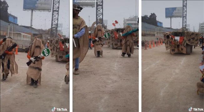 Camuflados y con tanque: trabajadores de construcción detienen y realizan parada militar